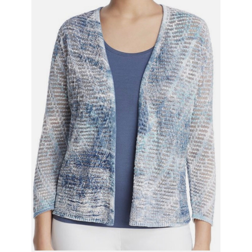 NIC+ZOE Womens Blue White Abstract Sea Open Front Knit Cardigan Sweater M